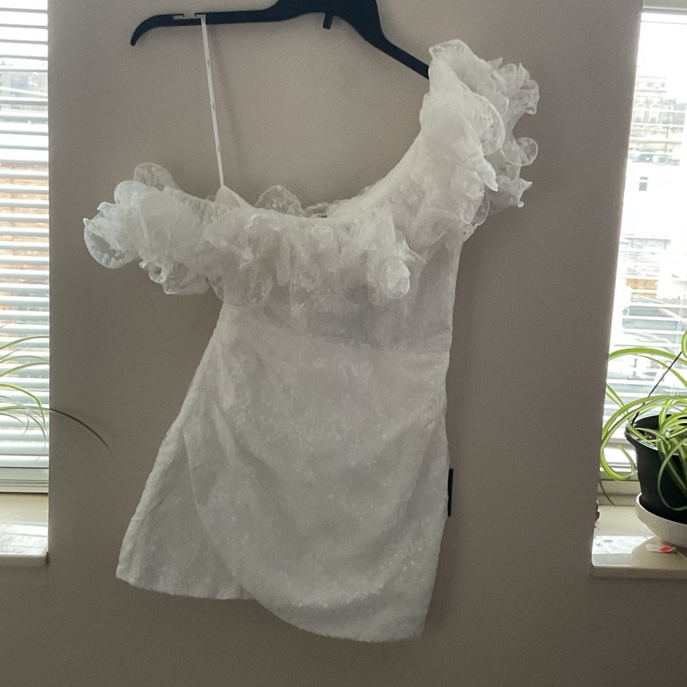 Lulus Angelic Trend White Embroidered Ruffled One Shoulder Mini Dress Sm Wedding - Picture 3 of 13